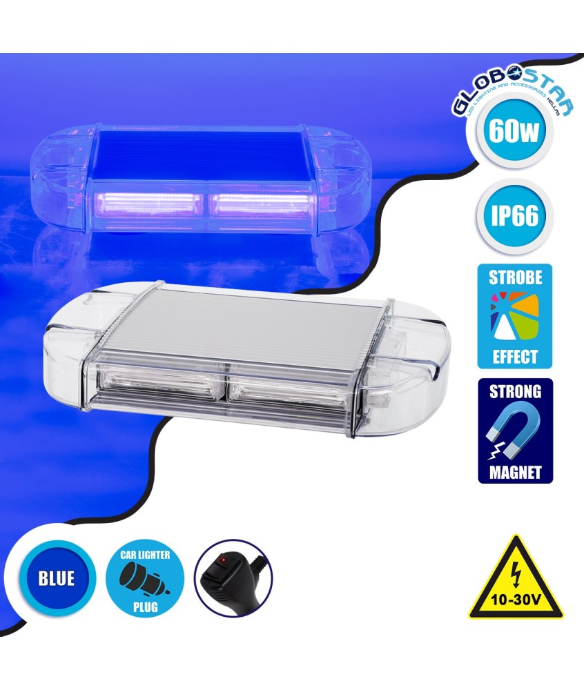 GloboStar® 85176 PRO Series Φάρος Σήμανσης Οχήματος Αστυνομίας για Αυτοκίνητα & Φορτηγά 6 Προγραμμάτων Φωτισμού STROBE LED COB 60W DC 10-30V Αδιάβροχος IP66 Μπλε